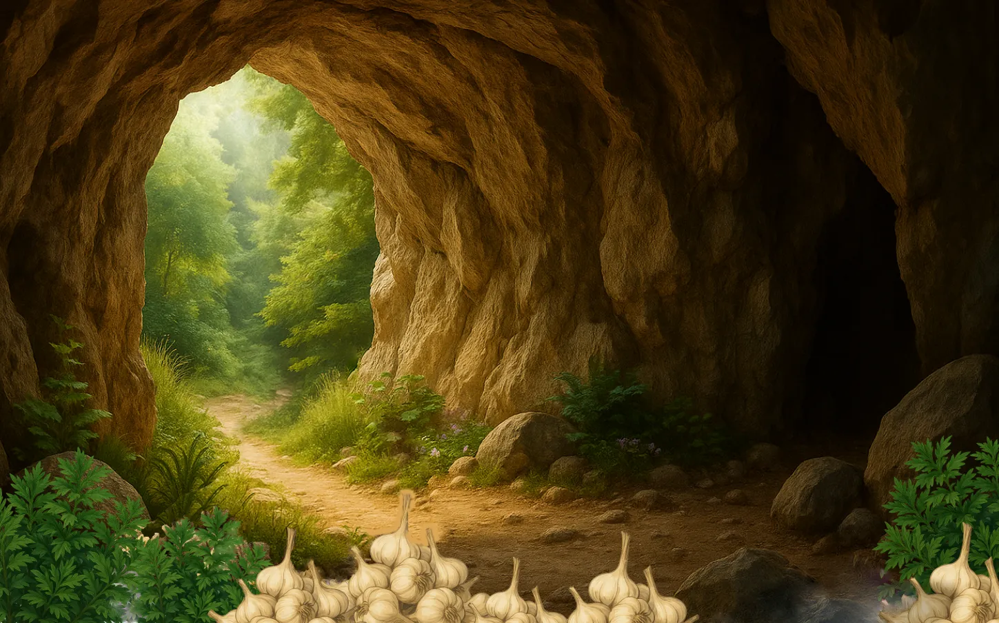 View from inside a rocky cave looking out to a sunlit forest path with green trees and garlic bulbs in the foreground.