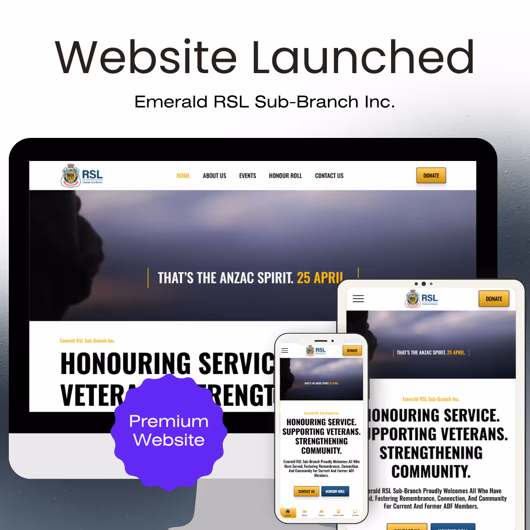 Screens showing Emerald RSL Sub-Branch Inc. website on desktop, tablet, and mobile devices with text honouring service, supporting veterans, strengthening community.