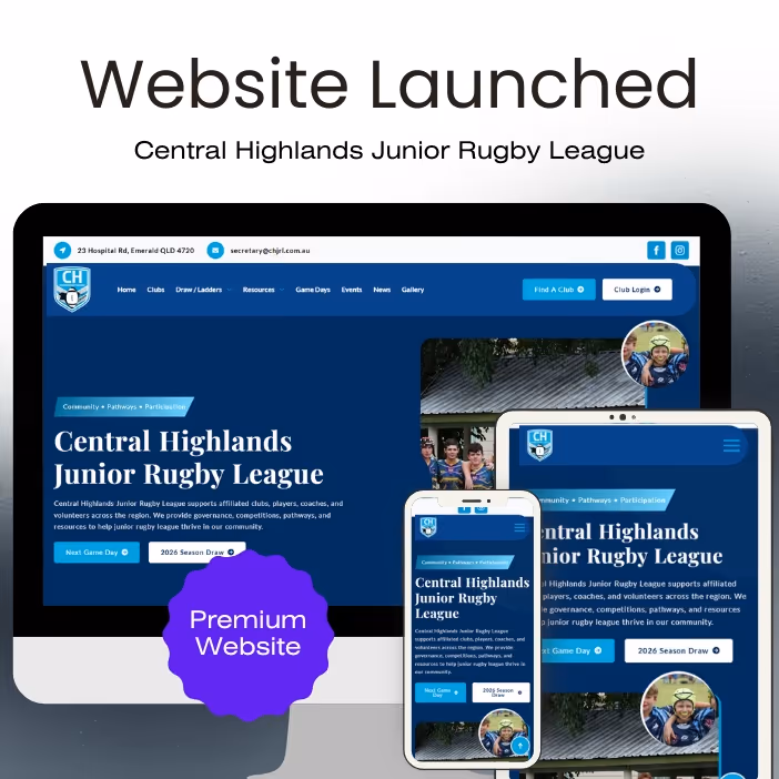 Screenshot of Central Highlands Junior Rugby League website displayed on desktop, tablet, and mobile devices with a label Premium Website.