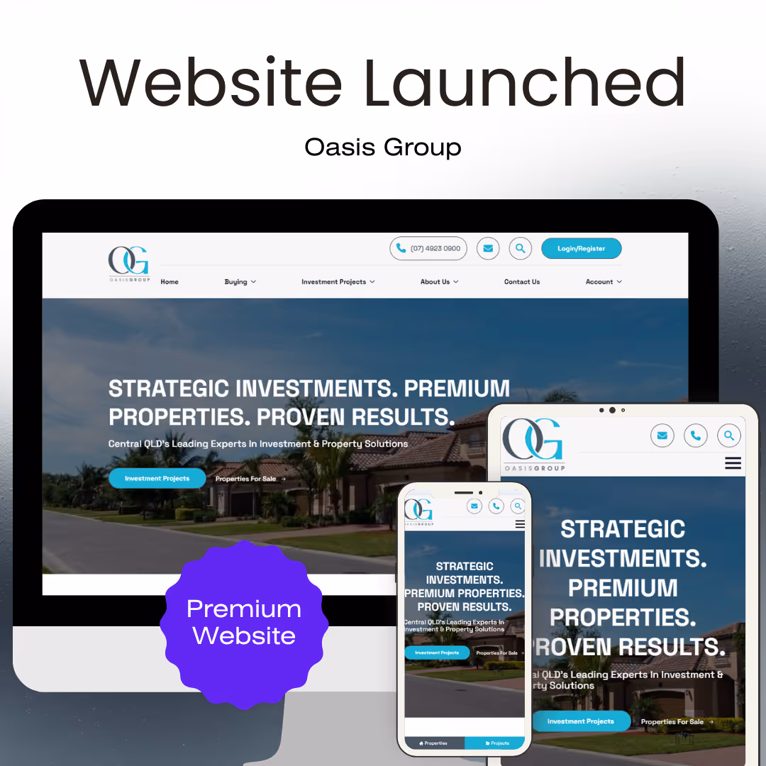 Announcement of Oasis Group's website launch showing the homepage on desktop, tablet, and mobile screens with the tagline 'Strategic Investments. Premium Properties. Proven Results.'