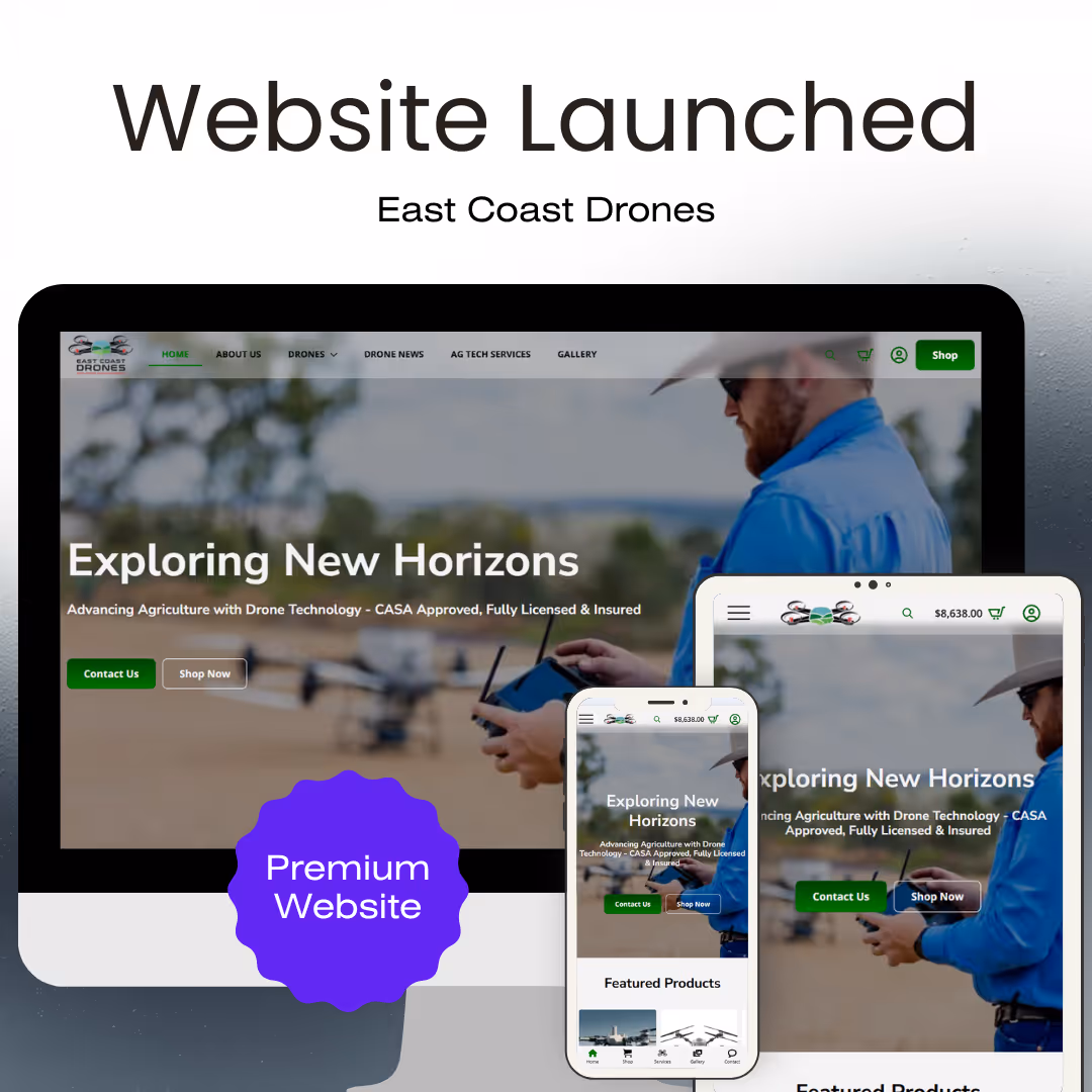 Desktop, tablet, and mobile views of East Coast Drones website with headline 'Exploring New Horizons' and buttons for Contact Us and Shop Now.
