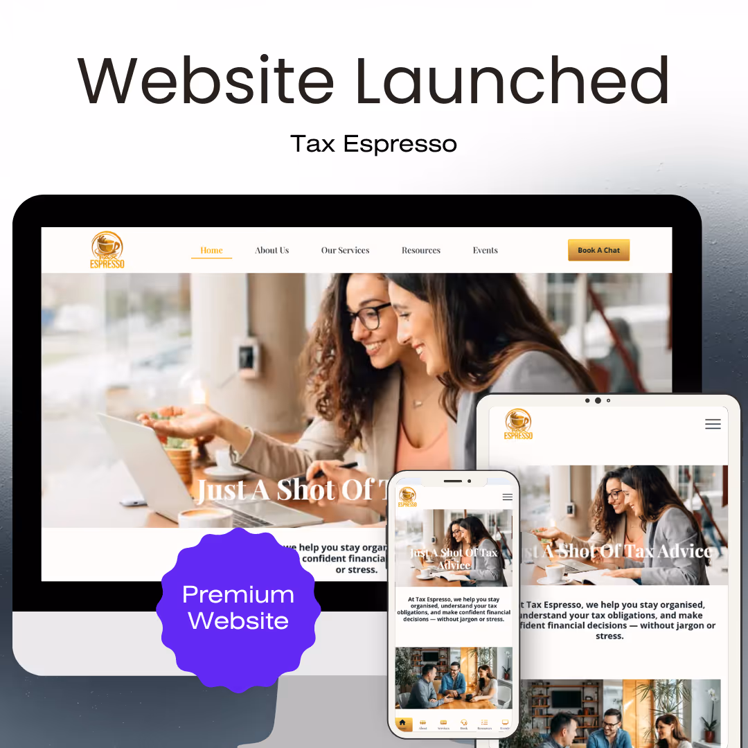 Responsive preview of the Tax Espresso website displayed on desktop, tablet, and mobile screens with a purple badge labeled Premium Website.