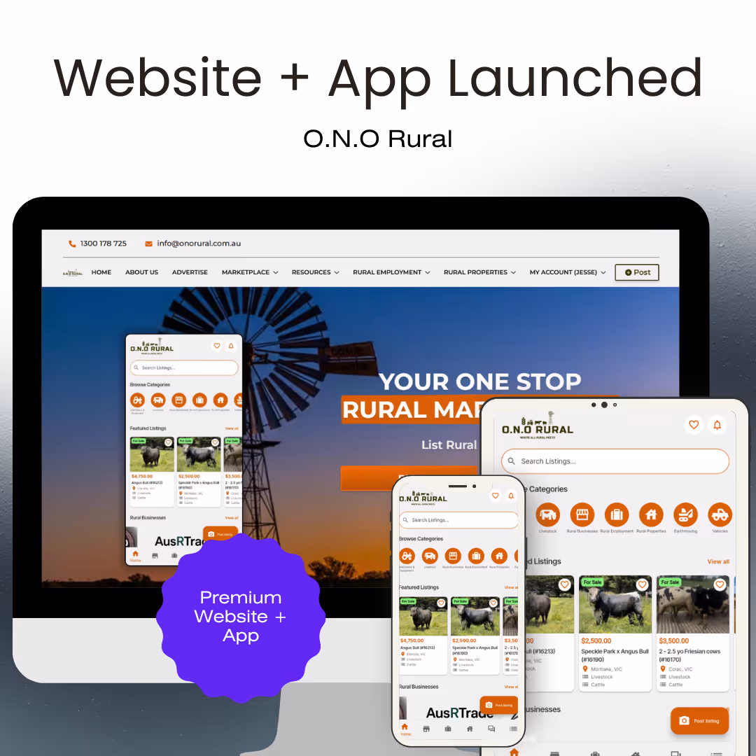 Promotional image showing O.N.O Rural website and app on screen and mobile devices with rural marketplace listings.
