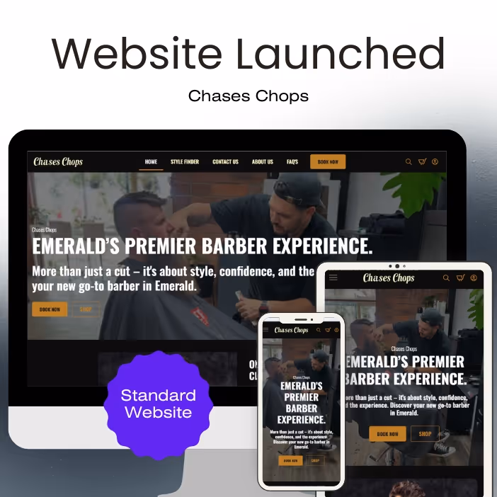 Chases Chops website homepage displayed on desktop, tablet, and smartphone screens showcasing barber services with a client getting a haircut.