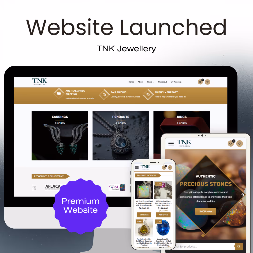 Display of TNK Jewellery website on desktop, tablet, and smartphone screens showing earrings, pendants, rings, and precious stones with a purple badge labeled Premium Website.