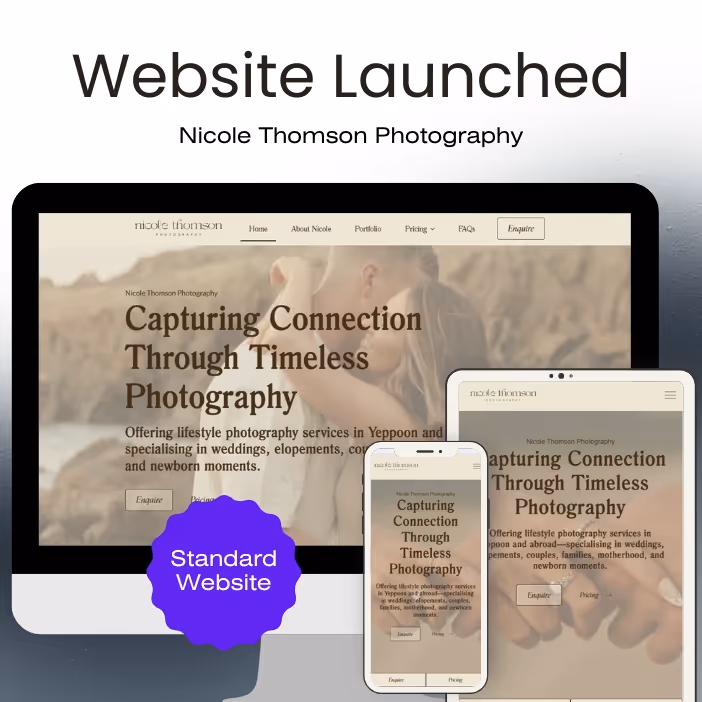 Screenshot of Nicole Thomson Photography website displayed on desktop, tablet, and mobile devices with tagline 'Capturing Connection Through Timeless Photography'.