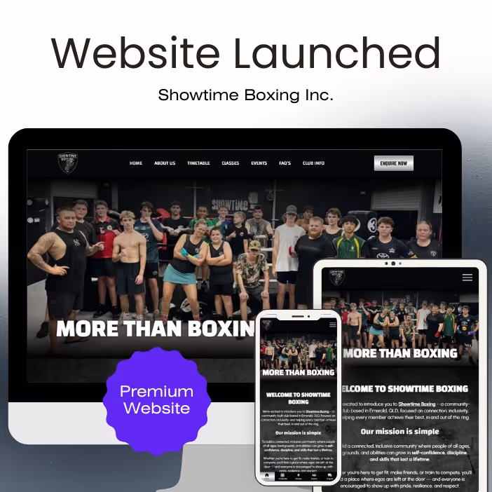 Promotional image showing Showtime Boxing Inc website displayed on computer, tablet, and smartphone screens, with a group photo of boxing participants and the text 'More Than Boxing'.