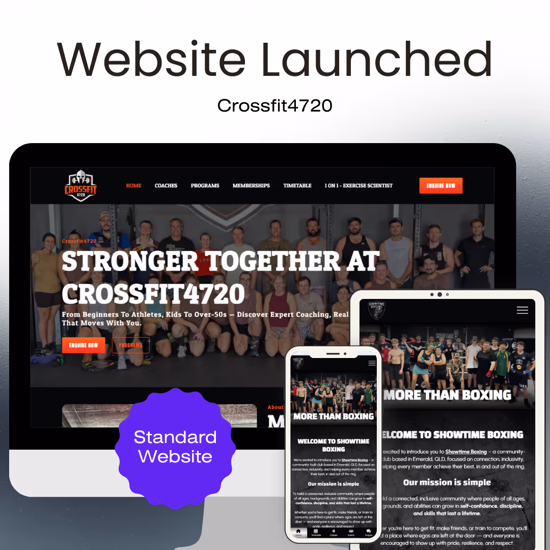 Website launch announcement featuring Crossfit4720 homepage on a desktop screen and Showtime Boxing site shown on tablet and smartphone devices.