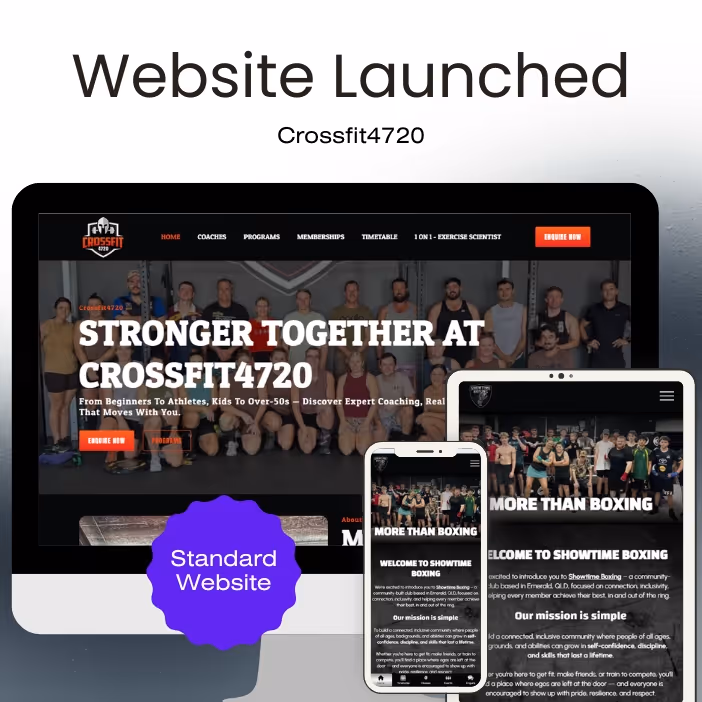 Website launch announcement featuring Crossfit4720 homepage on a desktop screen and Showtime Boxing site shown on tablet and smartphone devices.