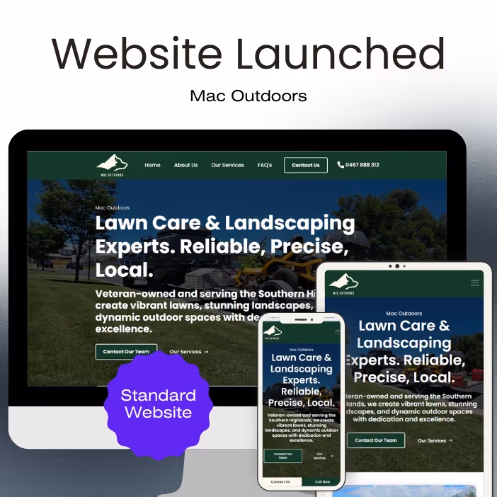 Mac Outdoors website displayed on desktop, tablet, and smartphone, showing lawn care and landscaping services with the tagline Reliable, Precise, Local.