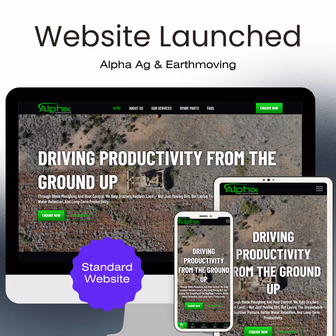 Screens displaying Alpha Ag & Earthmoving's new website with the headline 'Driving Productivity From the Ground Up' shown on desktop, tablet, and smartphone screens.