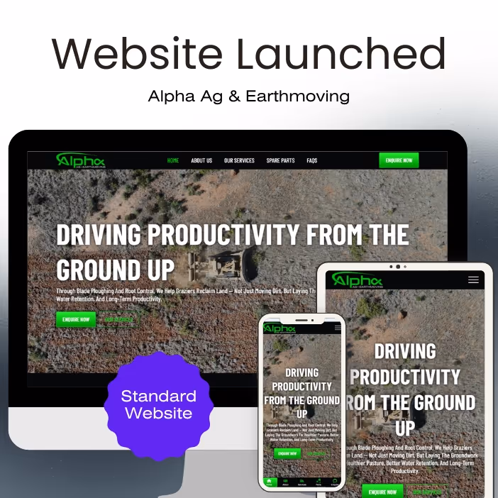 Screens displaying Alpha Ag & Earthmoving's new website with the headline 'Driving Productivity From the Ground Up' shown on desktop, tablet, and smartphone screens.