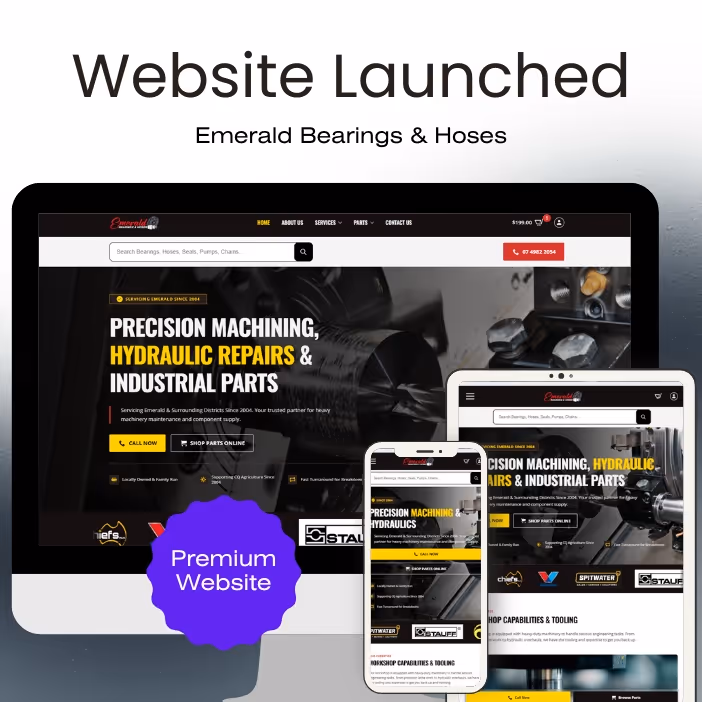 Emerald Bearings & Hoses website homepage displayed on desktop, tablet, and mobile screens with focus on precision machining, hydraulic repairs, and industrial parts.