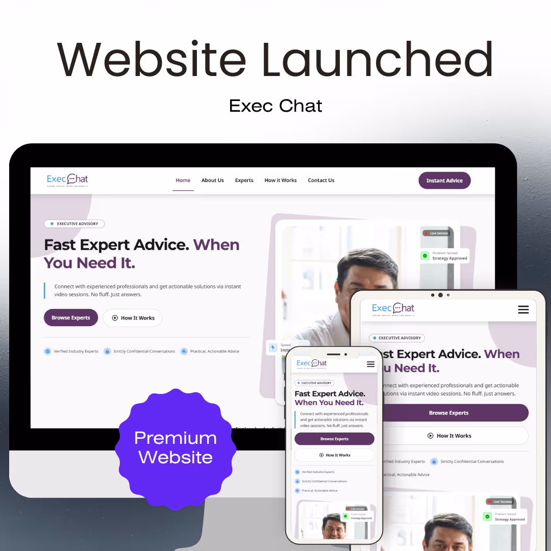 Website launch announcement for Exec Chat showing their homepage on desktop, tablet, and mobile devices with text highlighting fast expert advice and premium website.