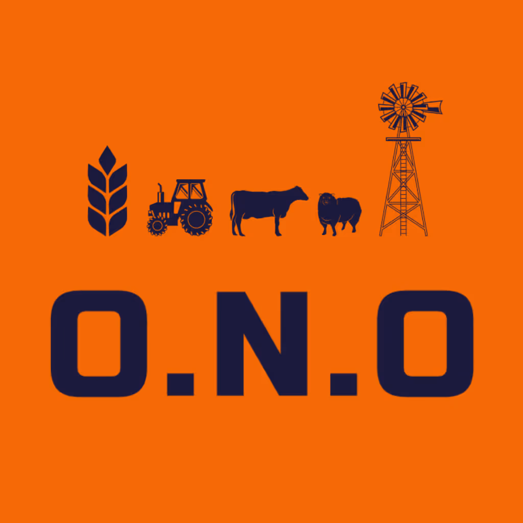 O.N.O logo with black agricultural icons including a wheat ear, tractor, cow, sheep, and windmill on an orange background.