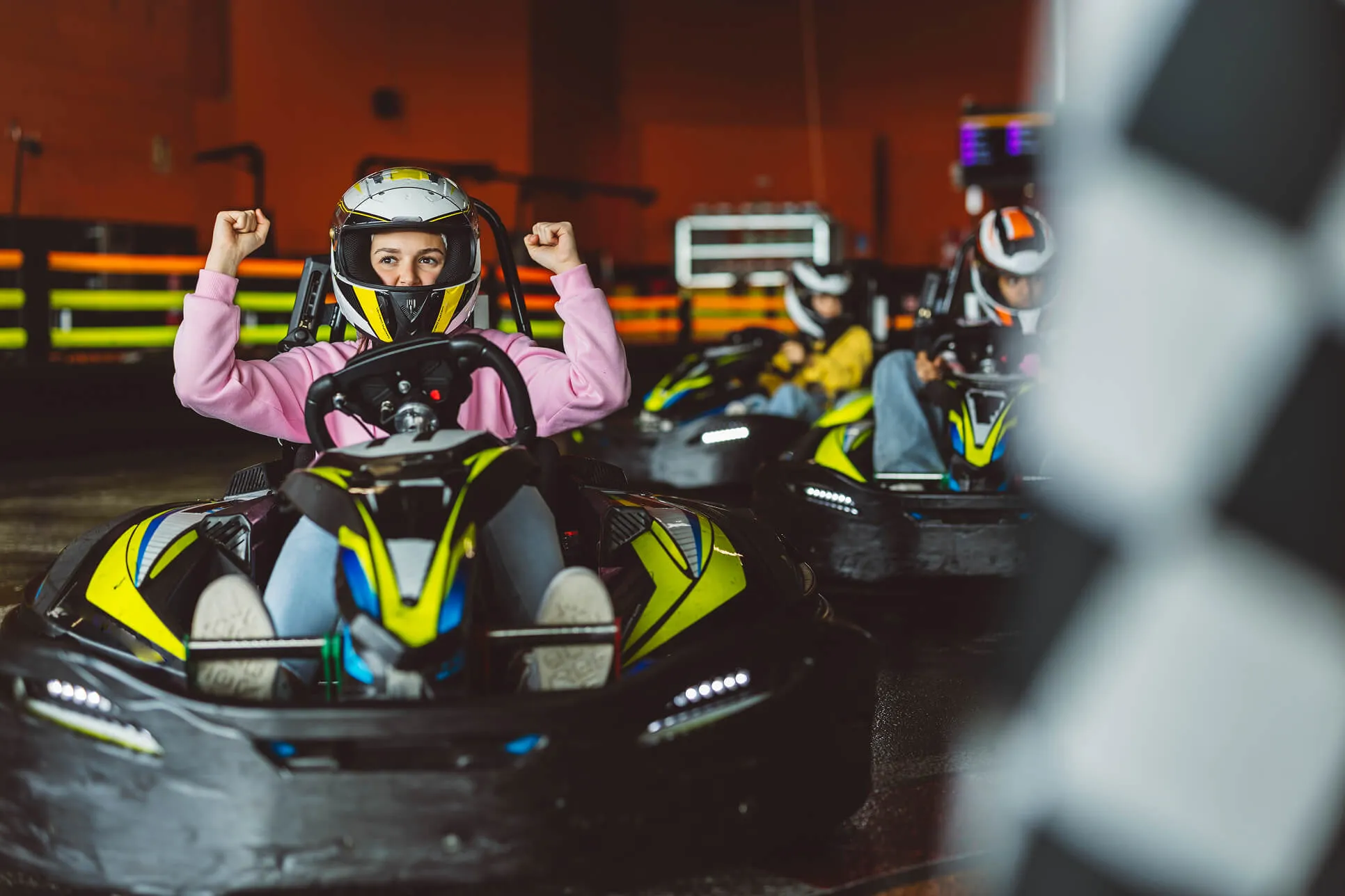 A person in a go cart.