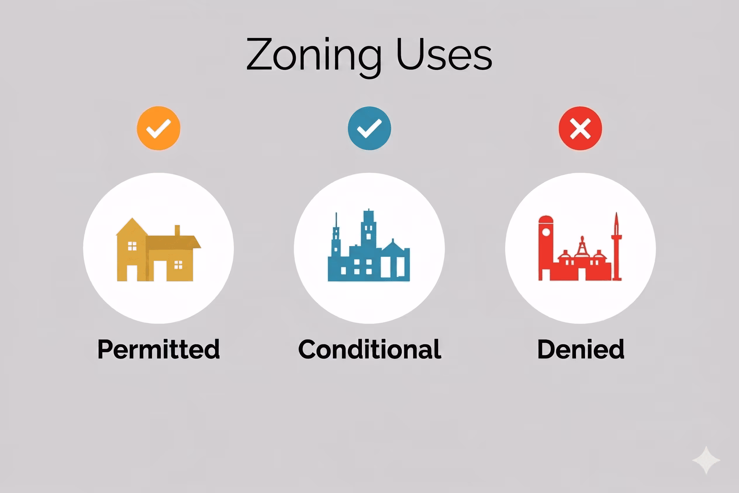 property zoning permitted conditional denied uses infographic for land buyers