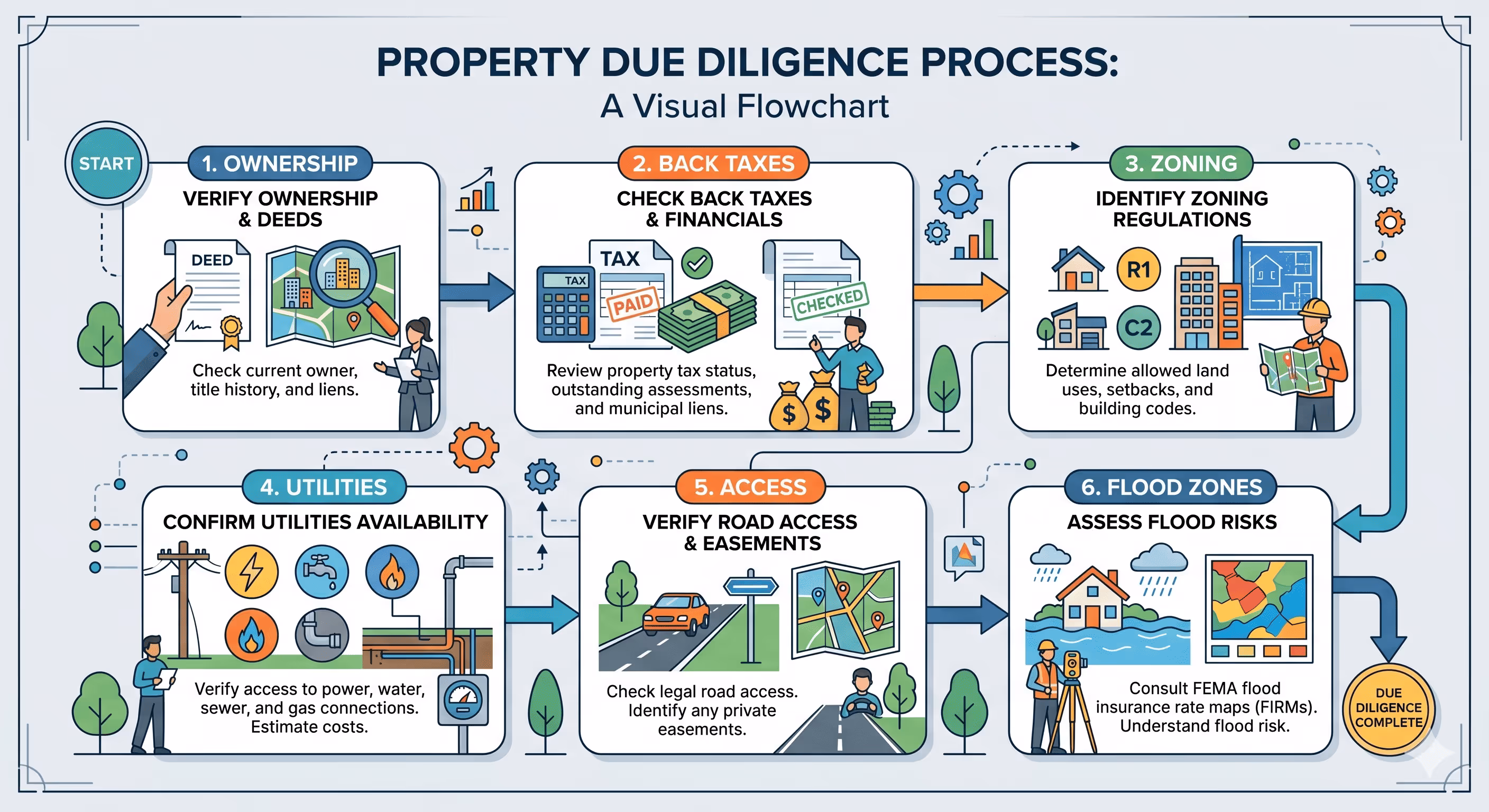 land buying due diligence checklist flowchart with zoning step highlighted