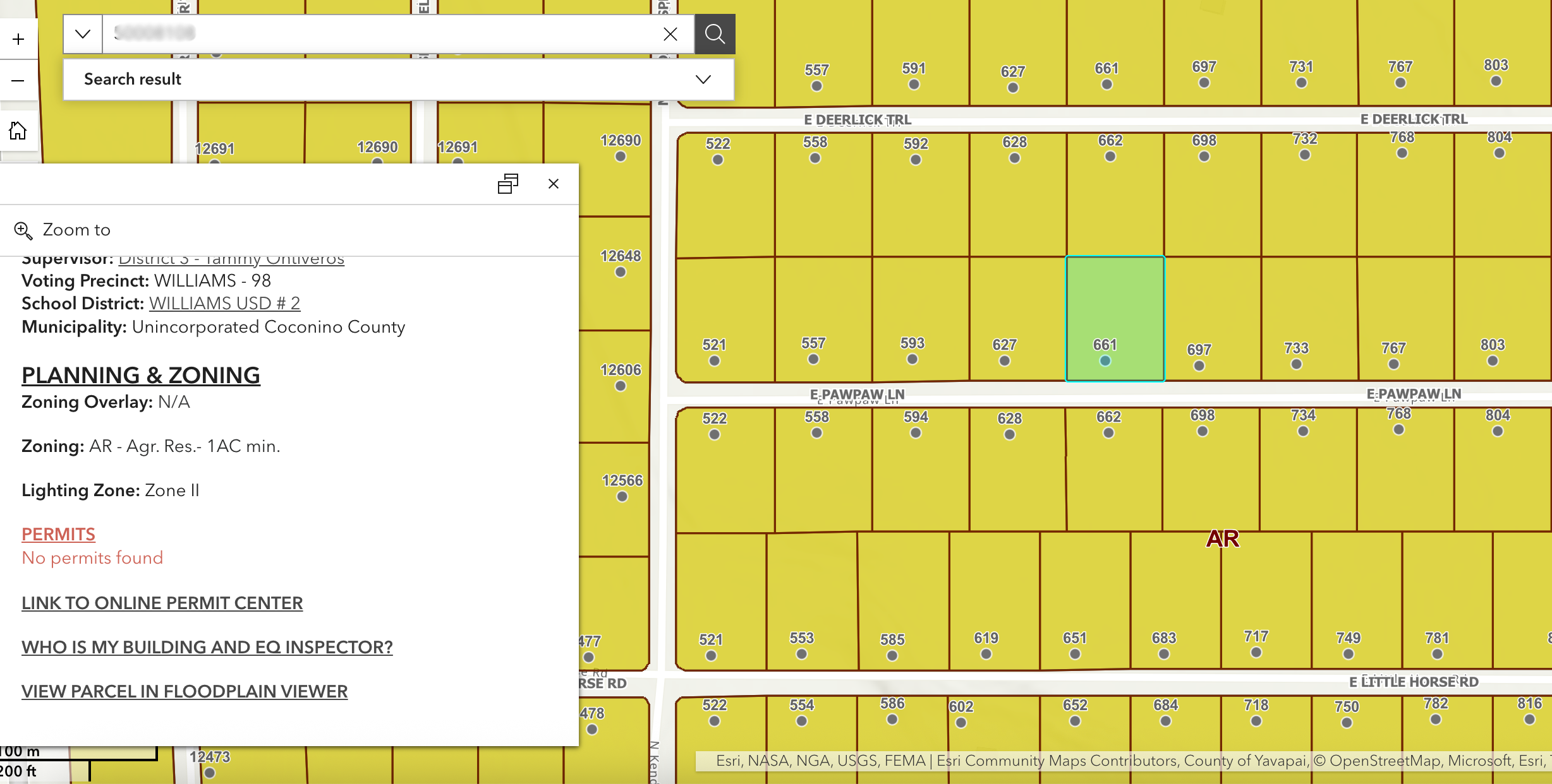 county assessor parcel search results showing property zoning code location