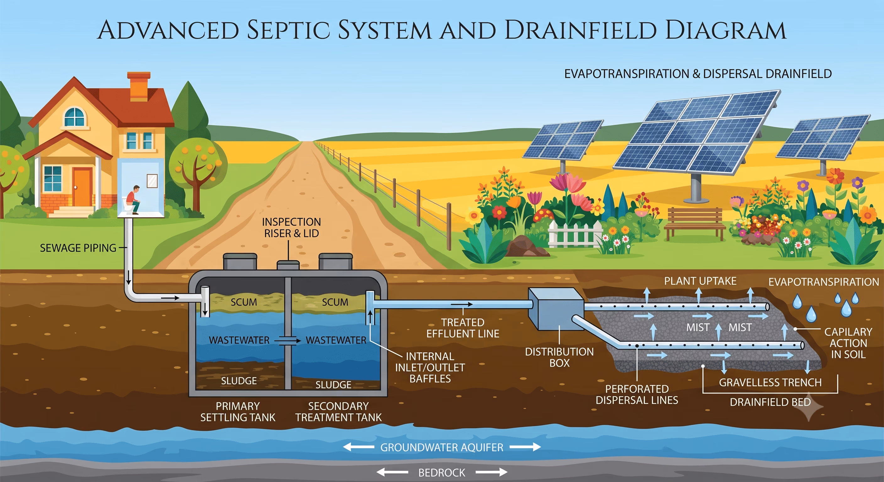 septic installation cost - diagram showing basic septic system layout on vacant land