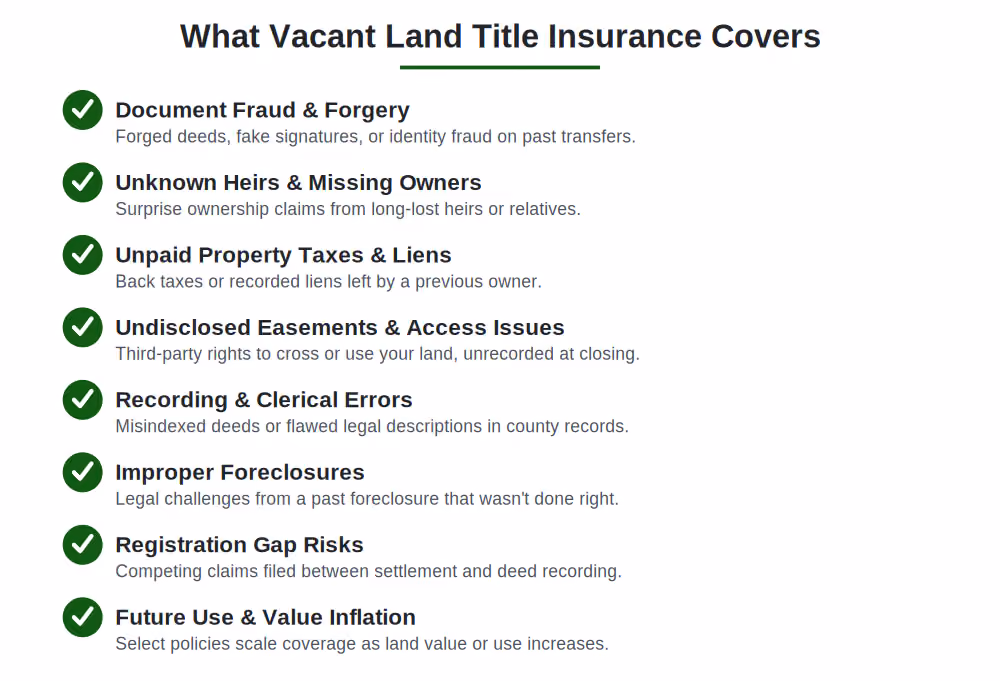 what does title insurance cover for vacant land - infographic of liens, fraud, recording errors, easements, undisclosed heirs