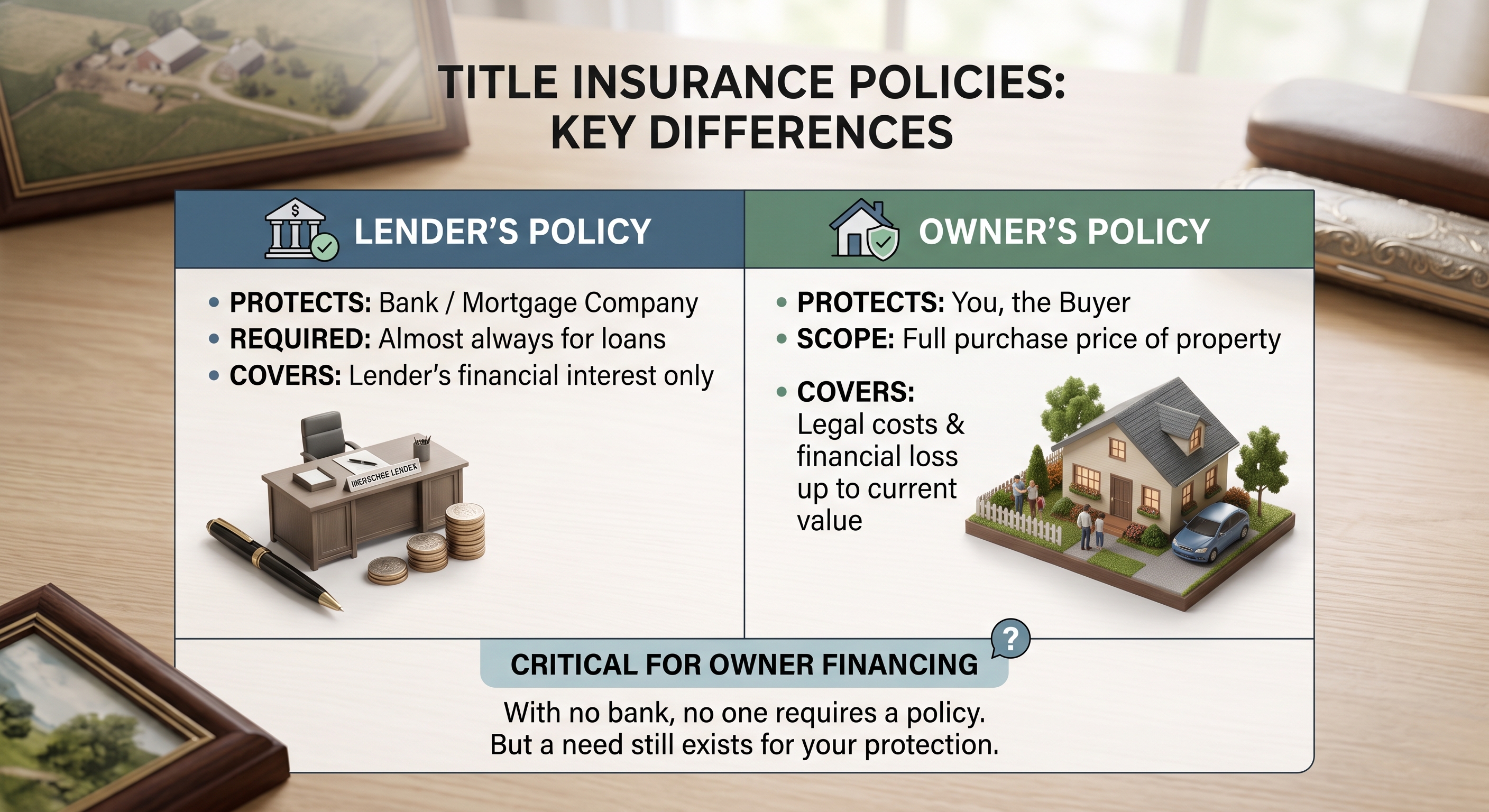 owner's title insurance vs lender's policy - comparison table for vacant land buyers