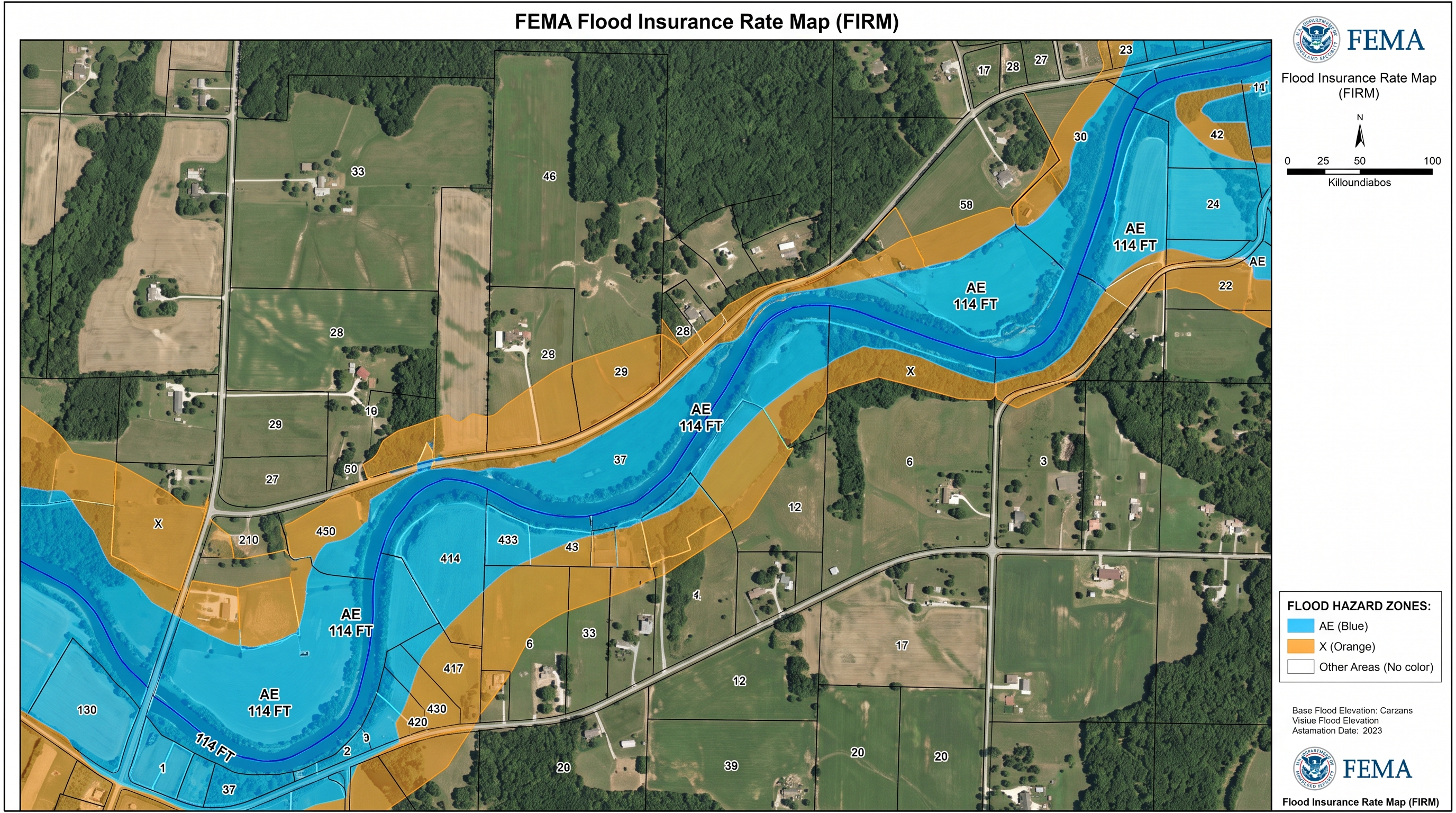 FEMA flood zones AE and X explained on a county flood map for land buyers