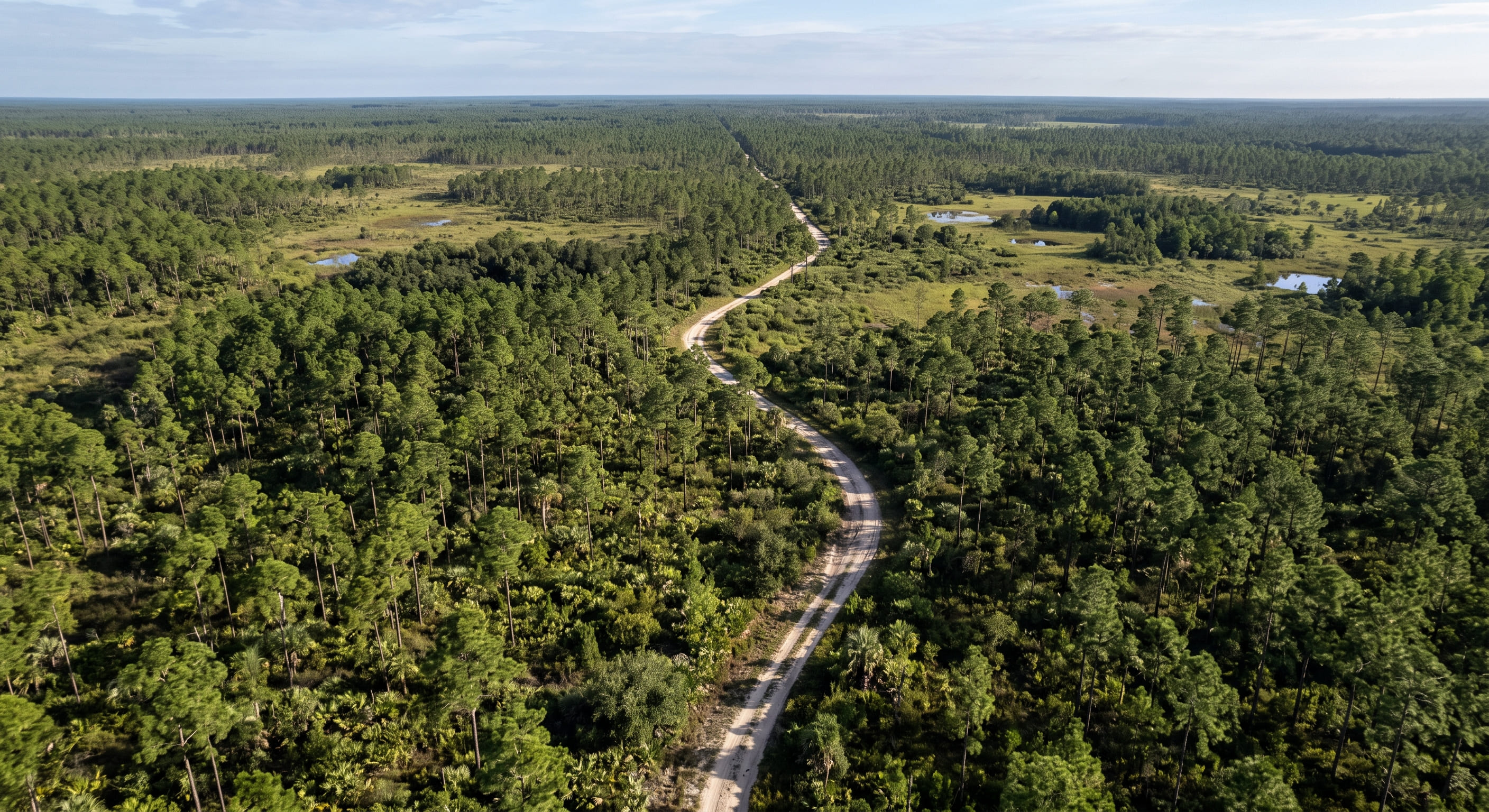 buying land in Florida - aerial view of vacant rural parcel with pine trees and unpaved road access