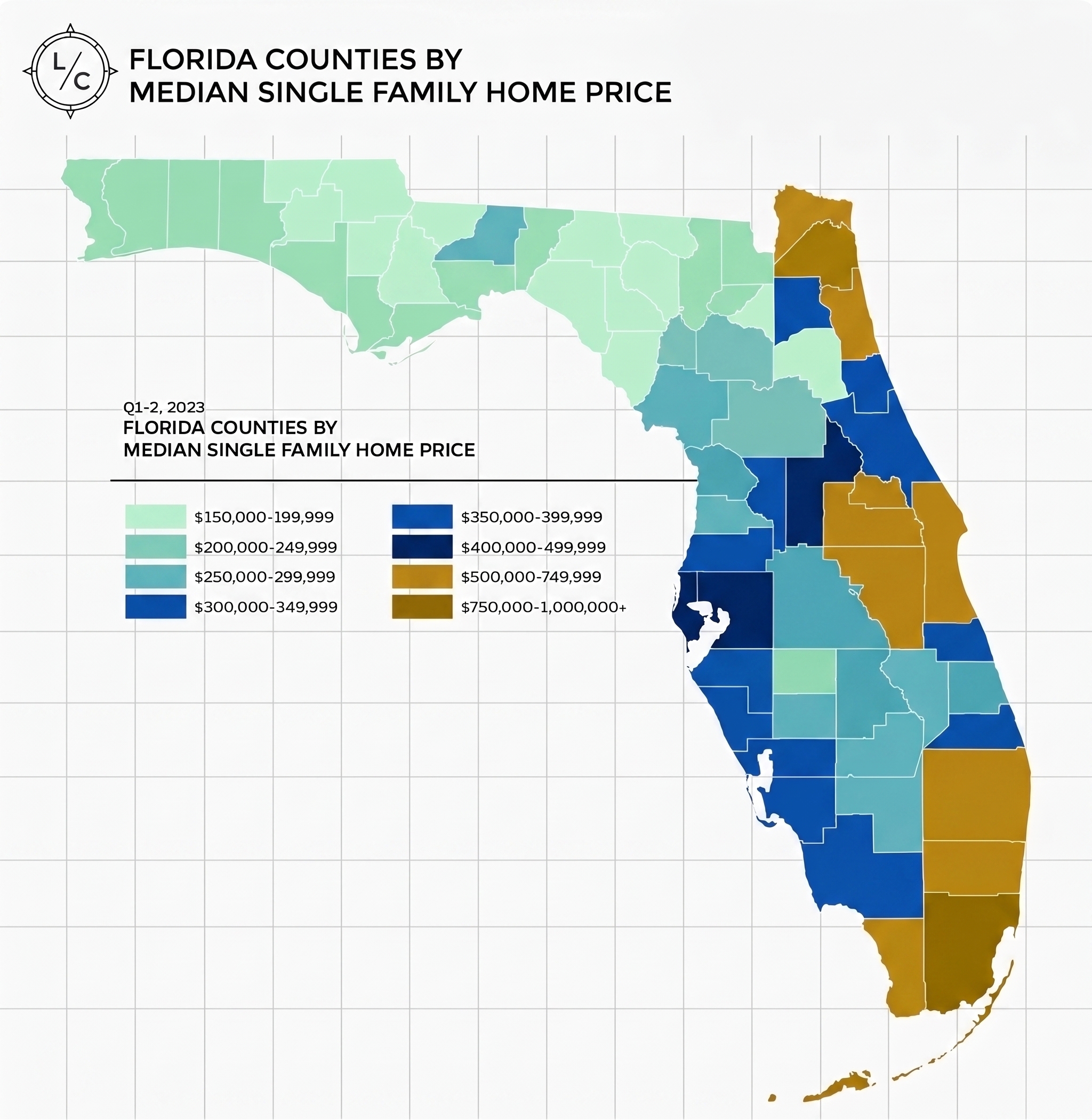 cheap land in Florida - county price map showing most affordable counties in the Panhandle and North Florida
