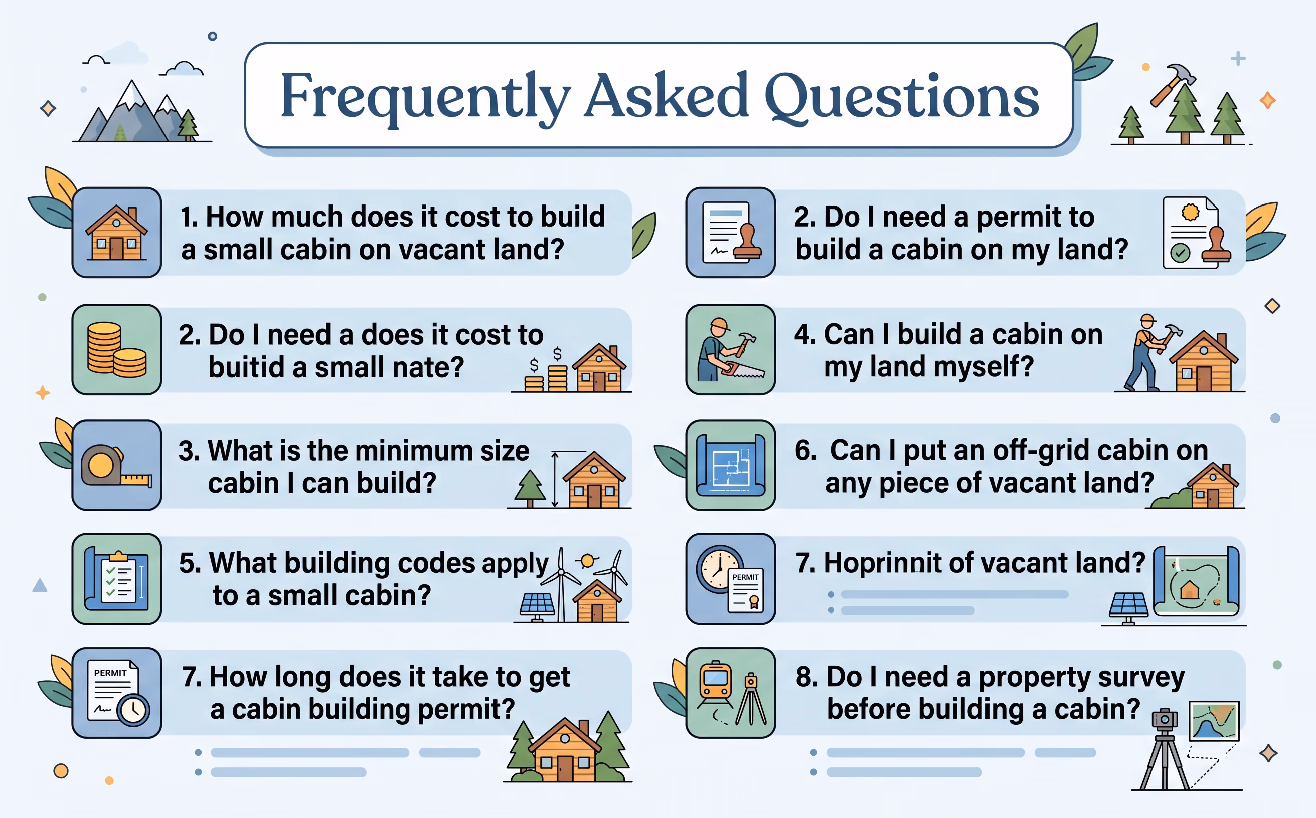 building cabin on vacant land FAQ — quick reference card covering permits, costs, and county rules
