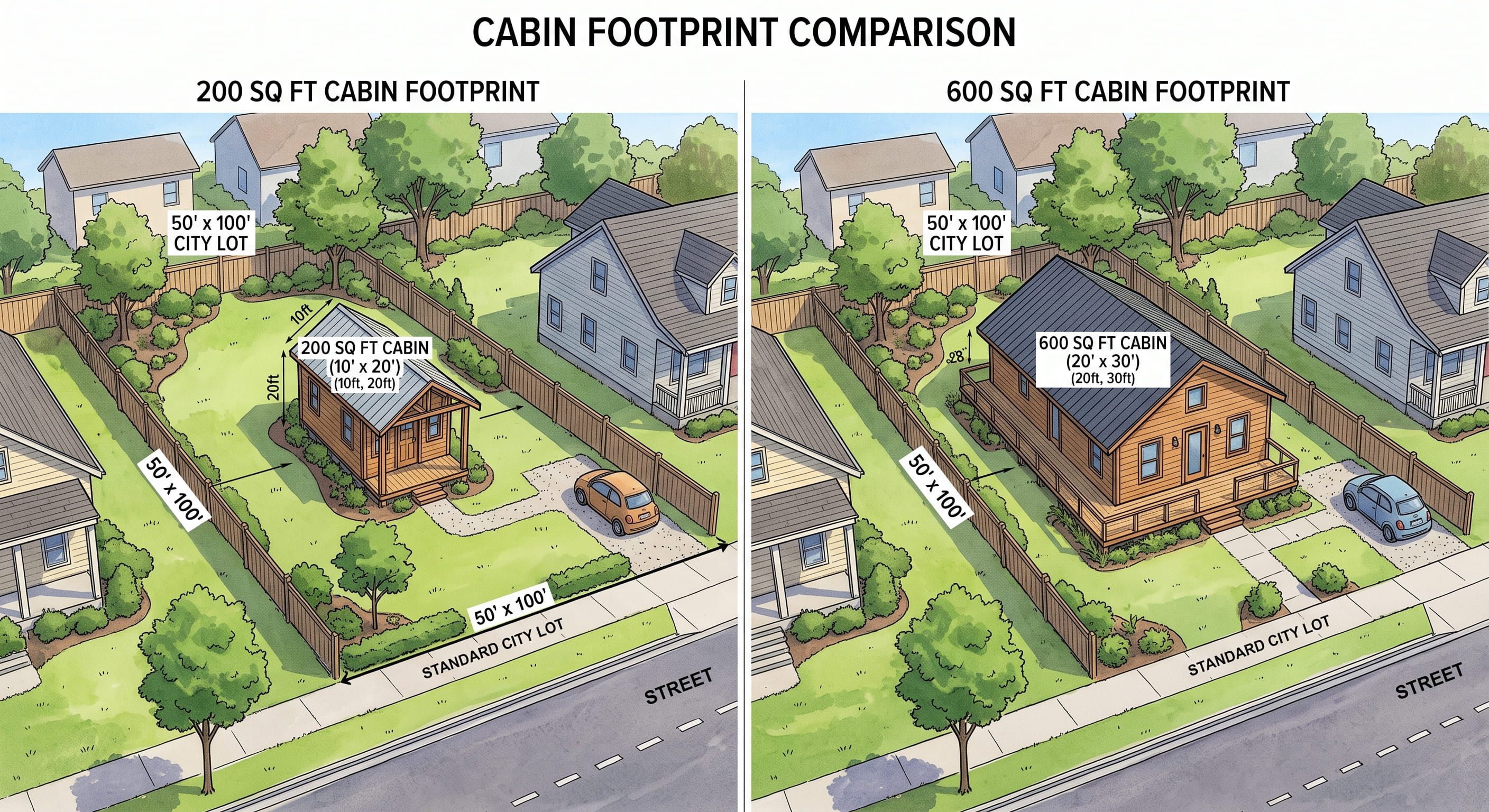 minimum size cabin building permit — visual comparison of small cabin footprints on vacant land