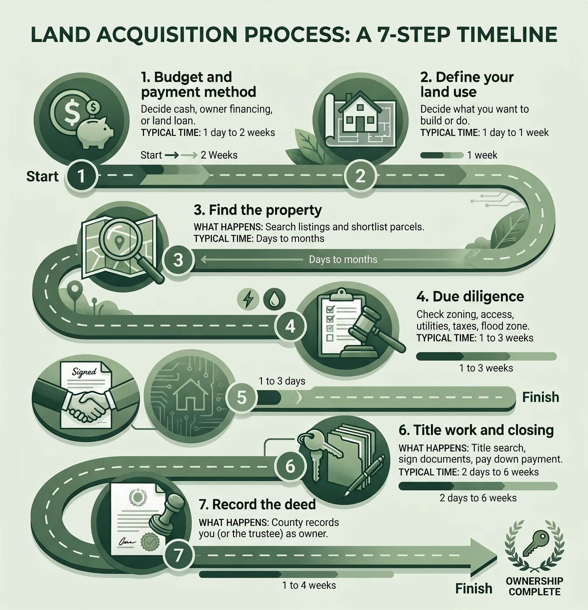 land buying process step by step infographic showing 7 steps to buy vacant land