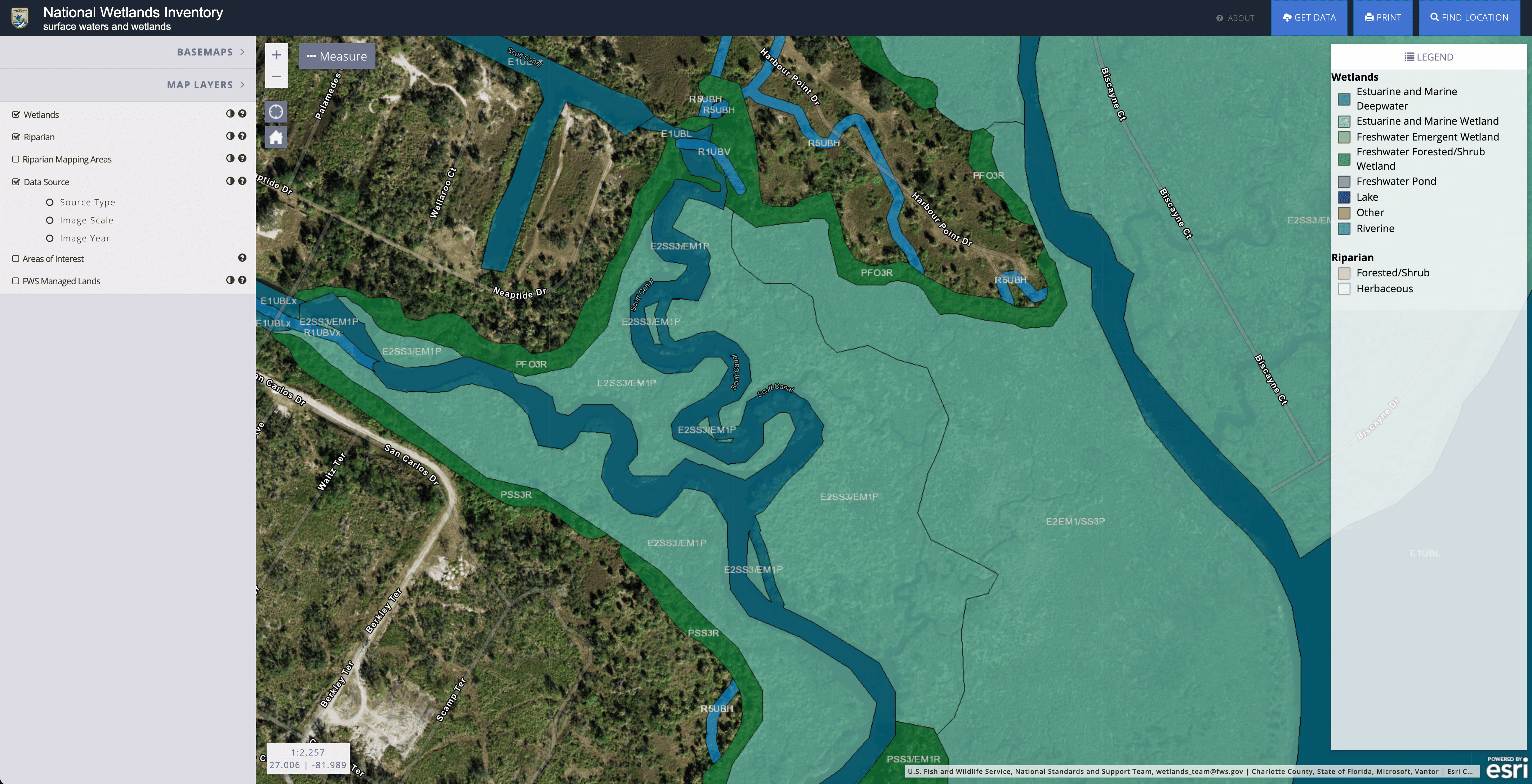 Check Florida property for wetlands - National Wetlands Inventory map showing wetland boundaries on a parcel