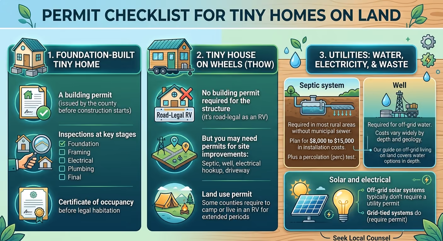 tiny home on vacant land requirements - permit checklist infographic for foundation and THOW tiny homes