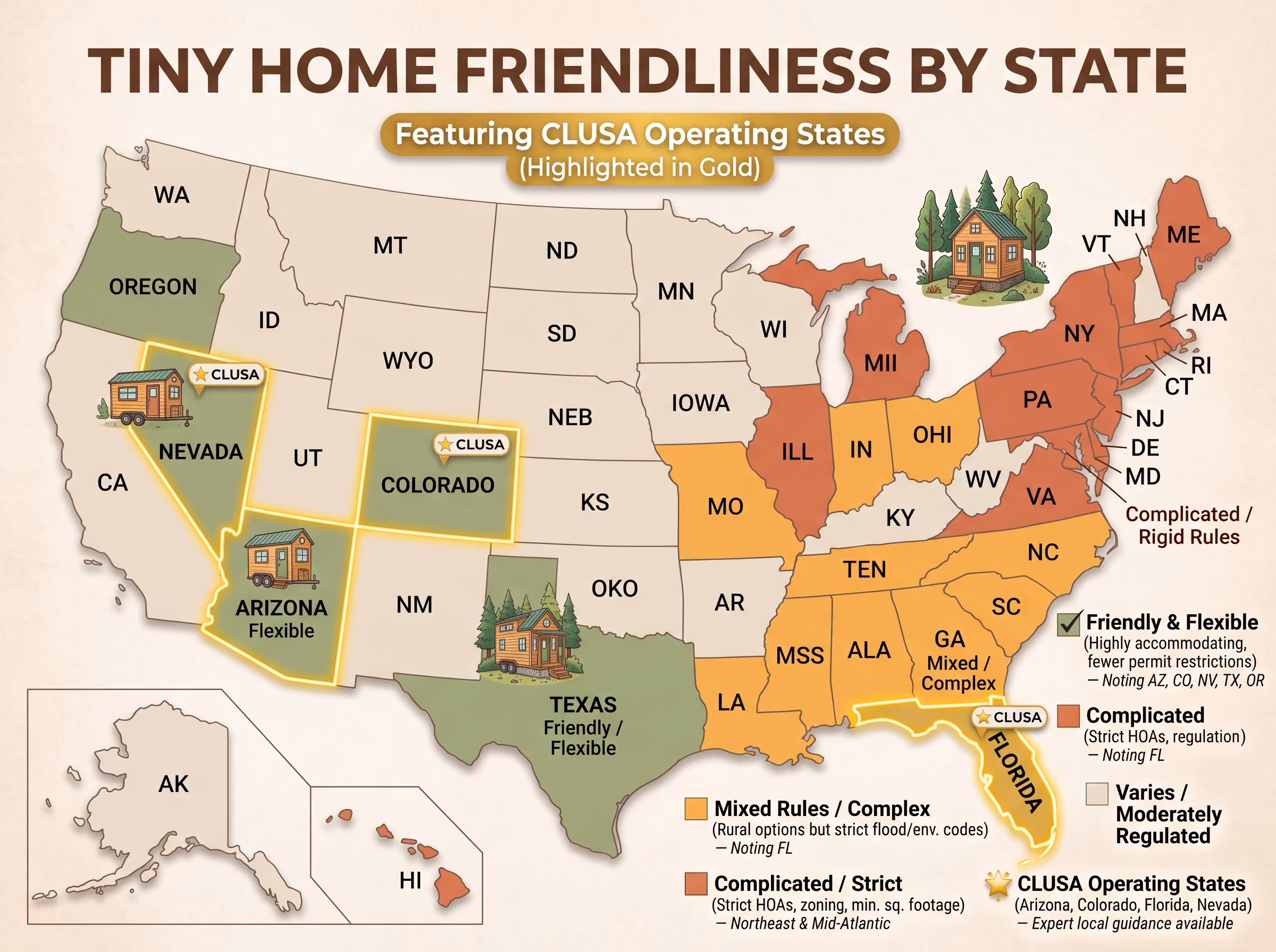 tiny house zoning by state - US map showing relative tiny home friendliness