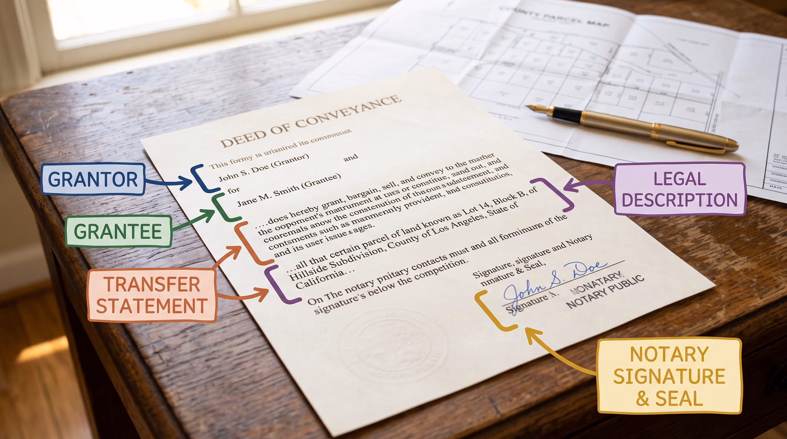 what a property deed includes - annotated sample land deed showing legal description and notary seal