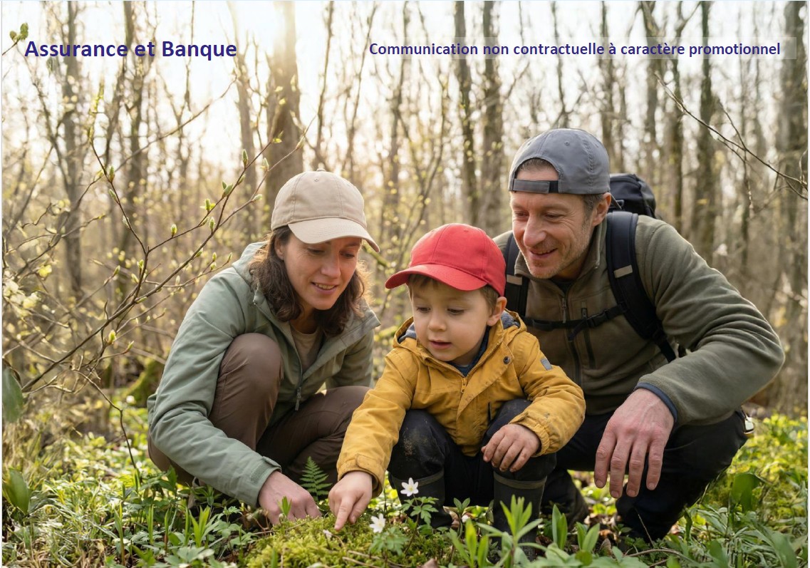 Famille en randonnée en forêt, visuel promotionnel AXA Opportunité Indice