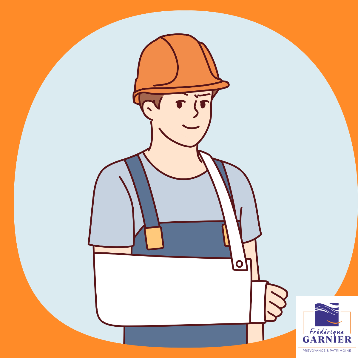 Illustration d'un artisan en casque de chantier avec le bras en écharpe, arrêt de travail d'un plombier