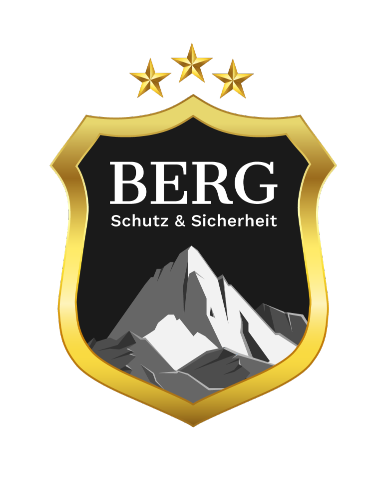 Wappen mit goldener Umrandung und drei goldenen Sternen darüber, zeigt weiße Bergspitzen vor schwarzem Hintergrund mit dem Schriftzug BERG Schutz & Sicherheit.
