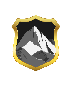Schutzschild mit einer stilisierten Berglandschaft in Grau- und Schwarztönen, umrahmt von einem goldfarbenen Rand.