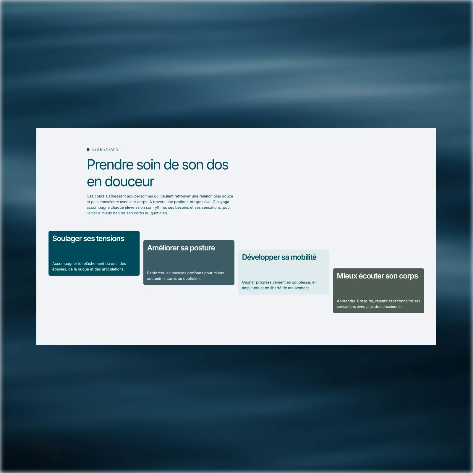 Présentation des bienfaits du yoga pour le dos sur le site Olsoyoga, avec quatre bénéfices mis en avant.