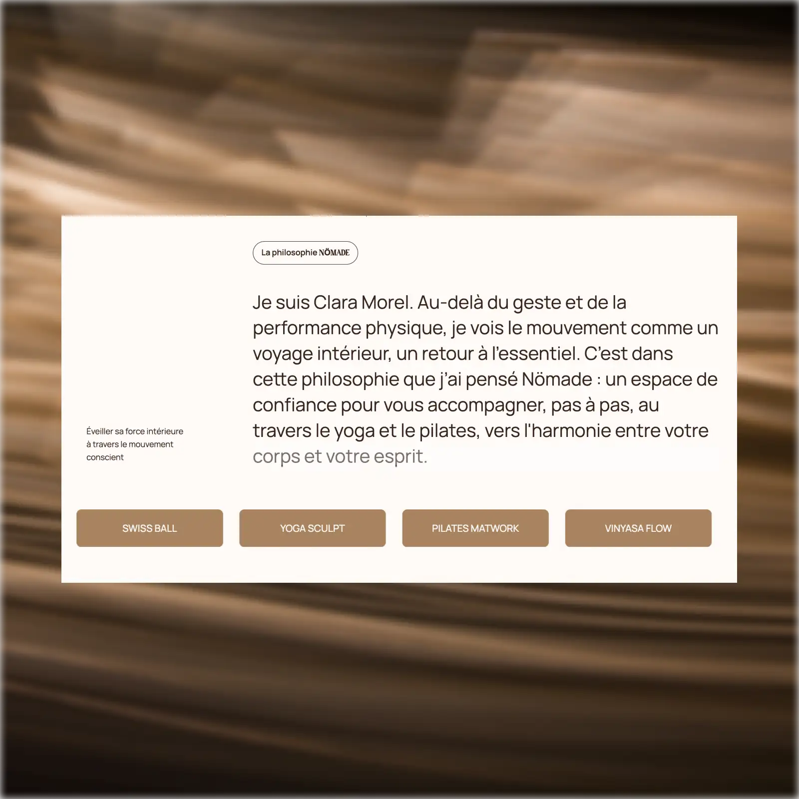 Mockup de la section présentant la philosophie Nömade et les cours de yoga et Pilates proposés par Clara Morel.