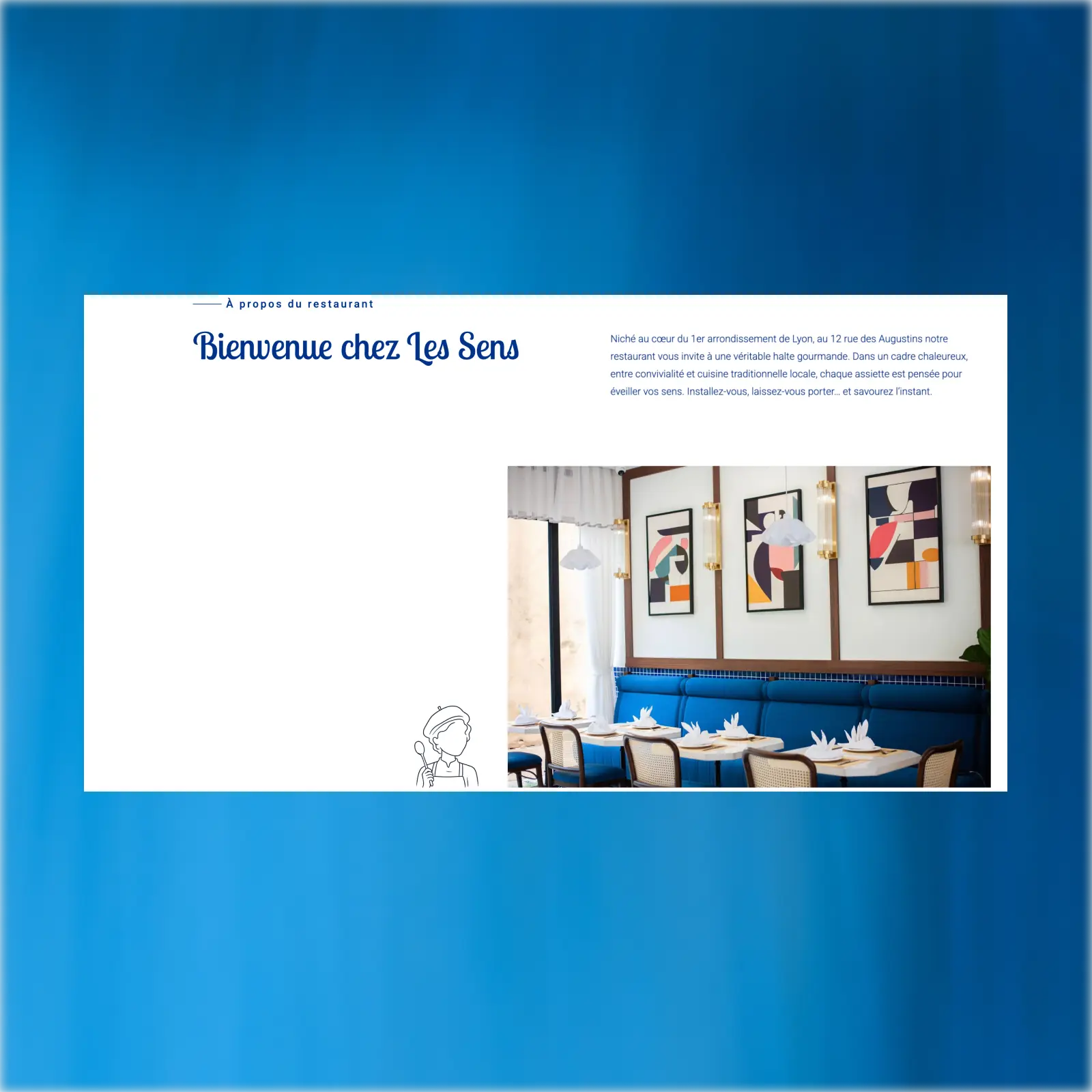 Mockup de la section de présentation du restaurant Les Sens, avec texte d’introduction et photo de la salle.