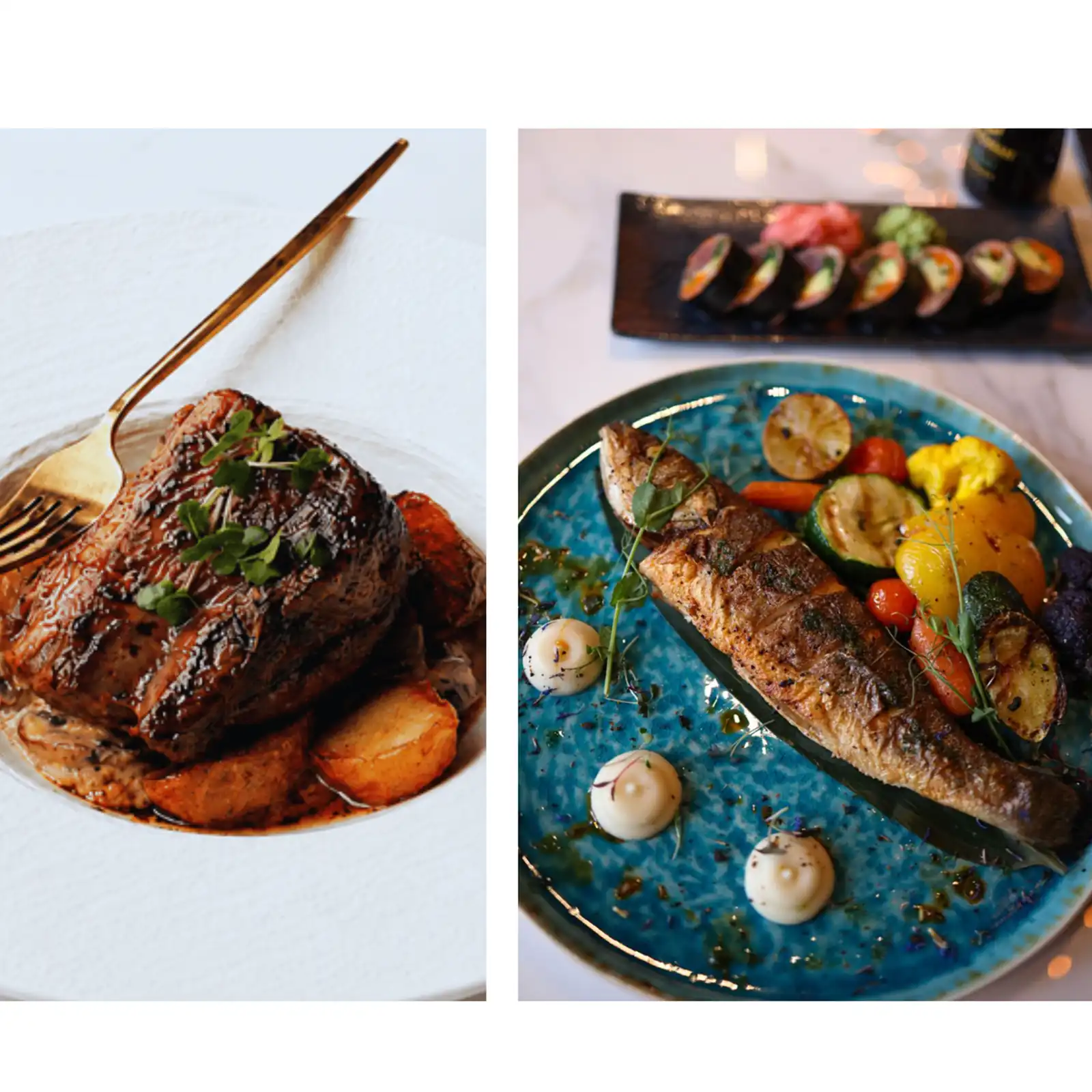 Section galerie du site Les Sens mettant en avant plusieurs plats du restaurant.