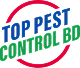 Logo with the text 'TOP PEST CONTROL BD' in blue and green inside a red curved line.