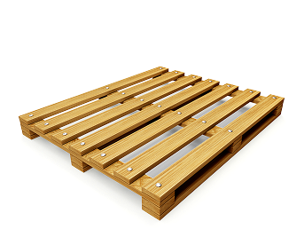 Wooden pallet with evenly spaced slats and metal fasteners.