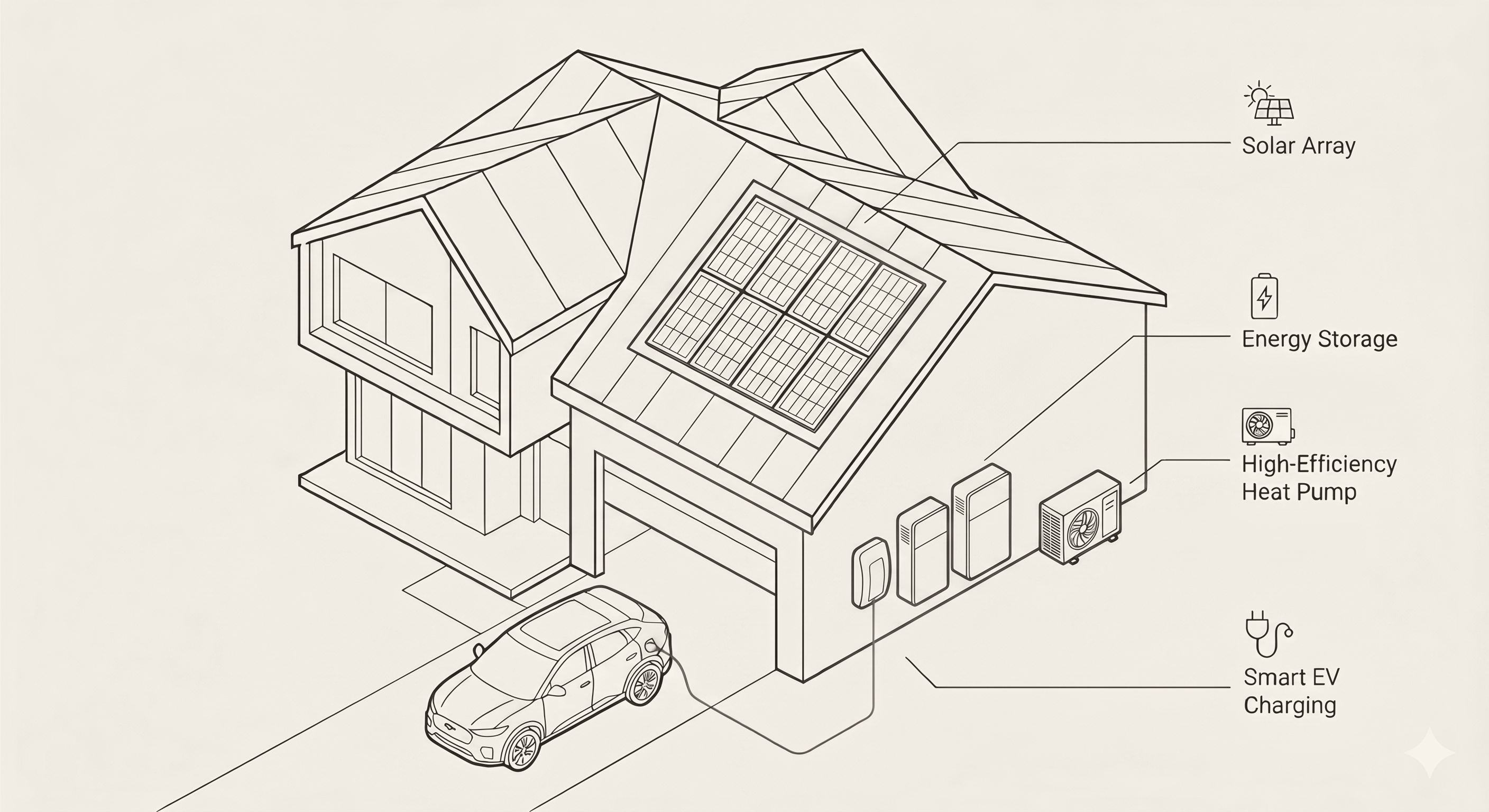 A WattsUp home with all four energy systems working together: solar, battery, heat pump, and EV charging