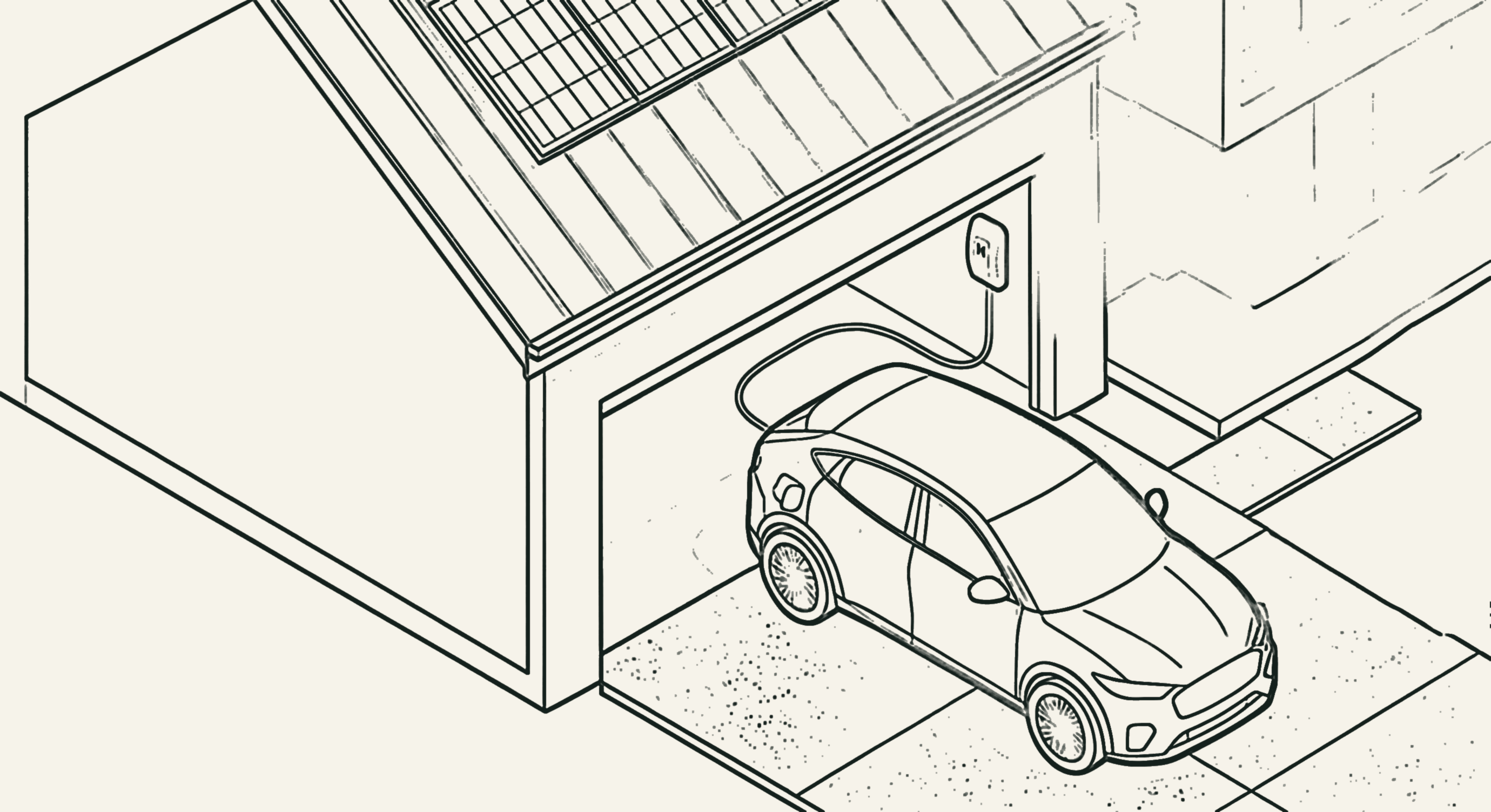 An electric vehicle charging in the garage of a solar-powered home