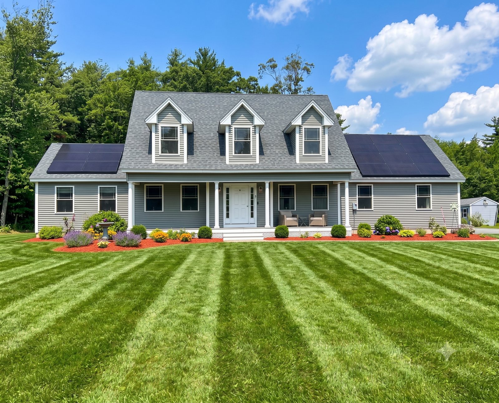 The finished WattsUp solar installation on a grey Cape-style home in Chester, New Hampshire, with panels on two roof planes
