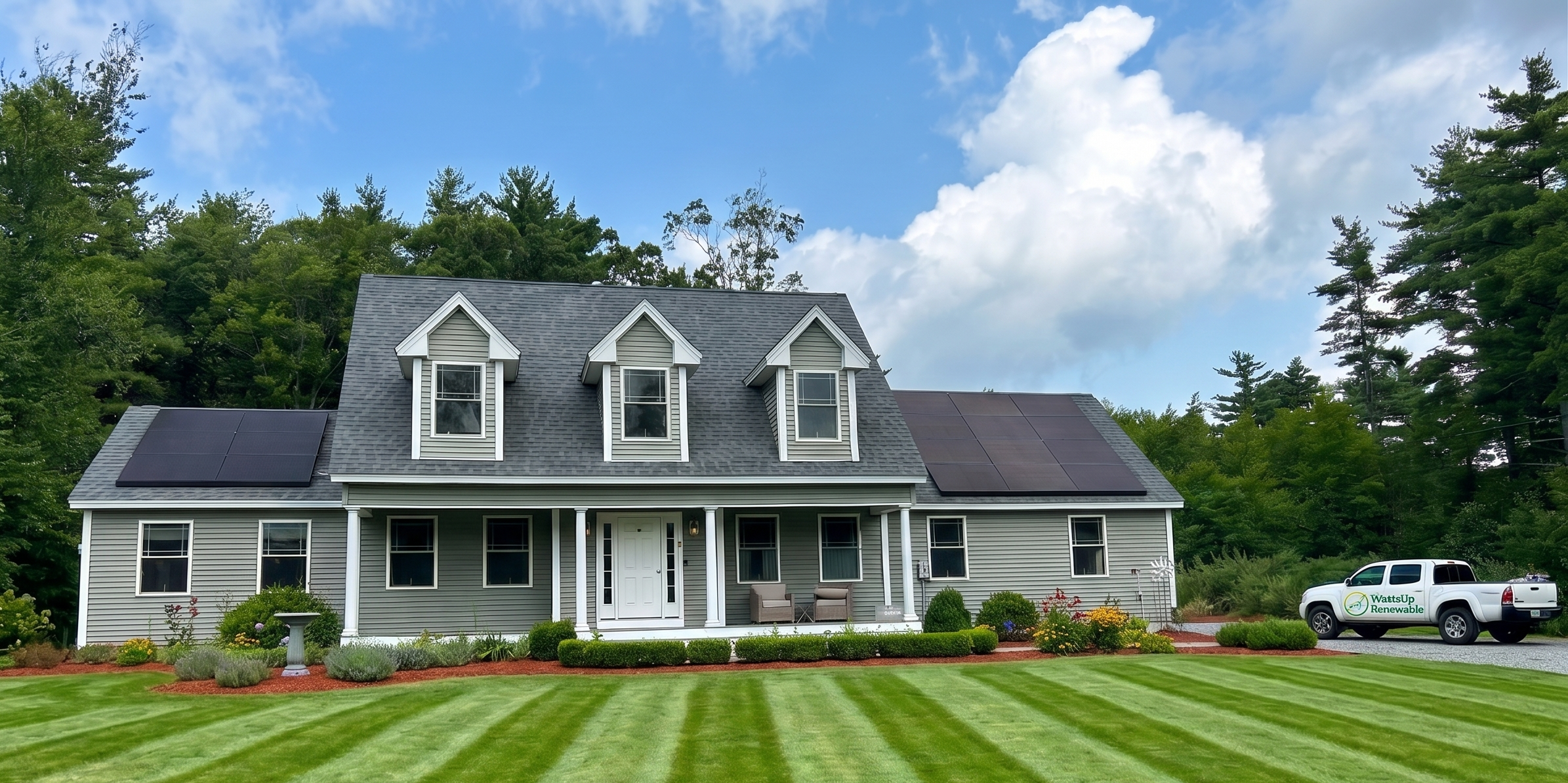 Front elevation of the Chester, New Hampshire home with eighteen solar panels installed across two roof planes